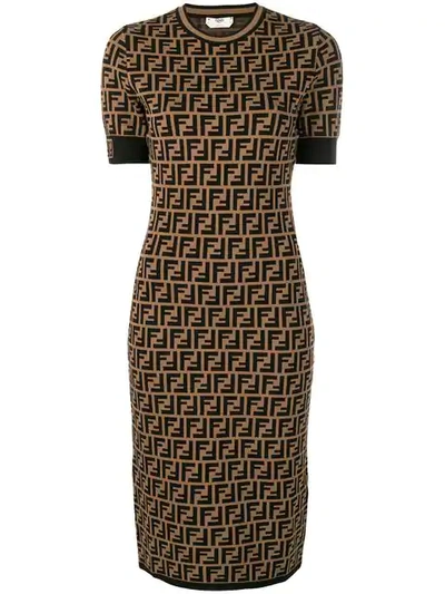 Shop Fendi Ff Logo Print Fitted Dress In Brown