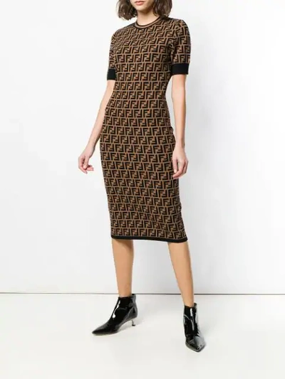 Shop Fendi Ff Logo Print Fitted Dress In Brown