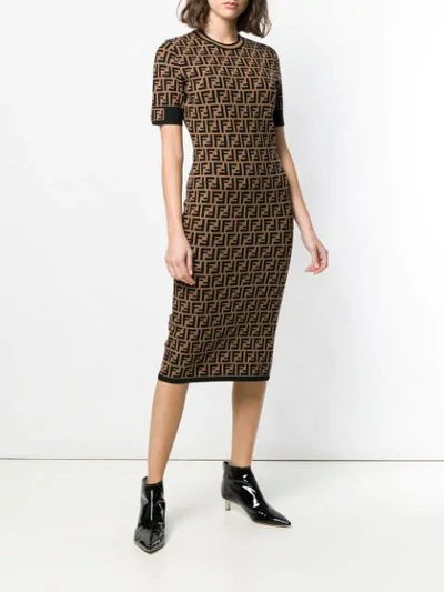 Shop Fendi Ff Logo Print Fitted Dress In Brown