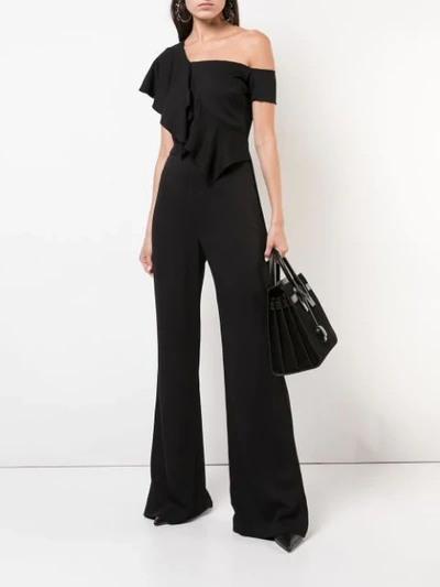 Shop Nicole Miller Asymmetric Ruffle Jumpsuit In Black