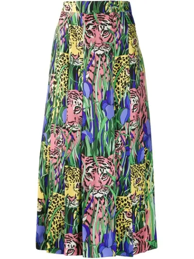 Shop Gucci Feline Garden Print Skirt In Green