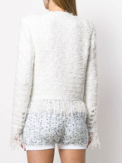 Shop Balmain Tweed Fringed Jacket In White