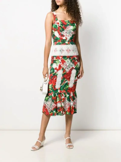 Shop Dolce & Gabbana Geranium-print Lace-trim Dress In Red