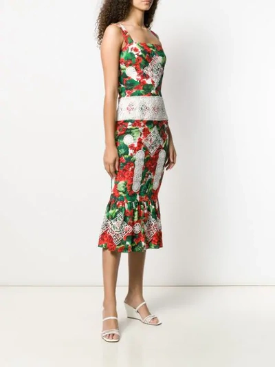 Shop Dolce & Gabbana Geranium-print Lace-trim Dress In Red