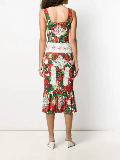 Shop Dolce & Gabbana Geranium-print Lace-trim Dress In Red