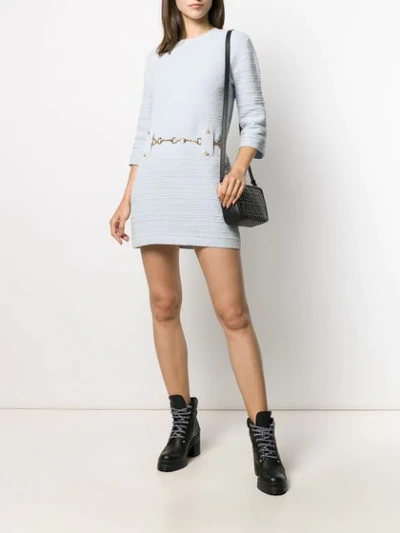 Shop Gucci Tweed Belted Dress In Blue