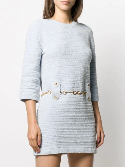 Shop Gucci Tweed Belted Dress In Blue