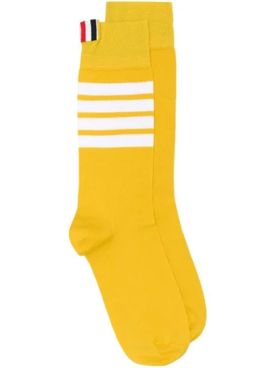 THOM BROWNE 4 条纹中筒棉袜 - 黄色