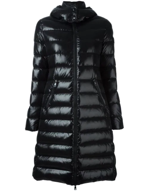 moncler moka shiny fitted puffer coat with hood