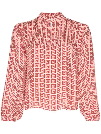 Shop Rebecca De Ravenel Spiral-print Peasant Blouse In Red White Combo