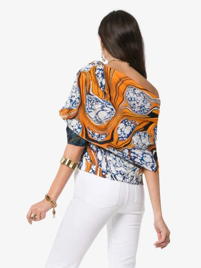 Shop Rosie Assoulin Draped Off-shoulder Print Silk Blend Top - Yellow