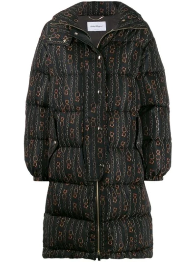 Shop Ferragamo Chains Print Puffer Jacket In Black