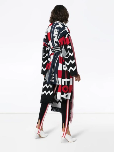 Shop Stella Mccartney Mixed Logo Print Wool Blend Asymmetric Wrap Coat - Multicolour
