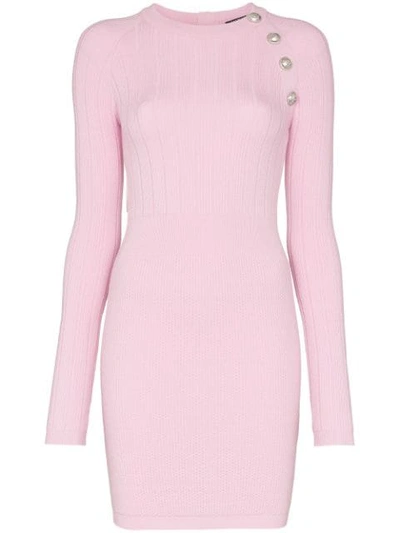 Shop Balmain Button Embellished Knit Mini Dress In Pink