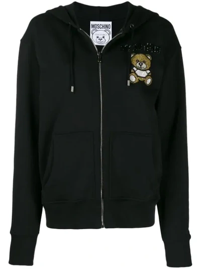 Shop Moschino Beaded Teddy Bear Zipped Hoodie In Black