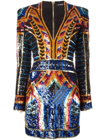 Shop Balmain Embellished Sequin Fitted Dress - Multicolour
