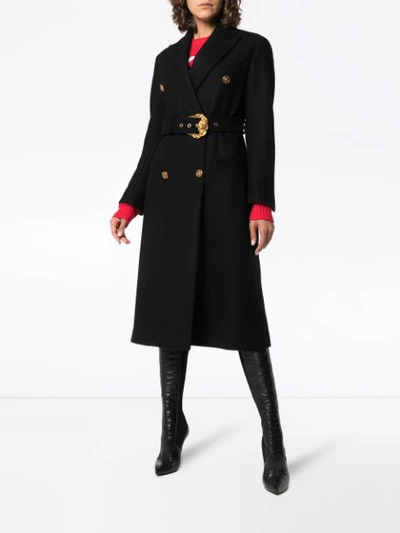 Shop Versace Double-breasted Long Wool Coat - Black