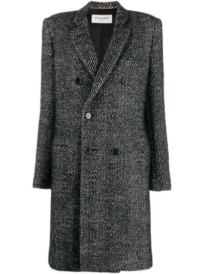 Shop Saint Laurent Herringbone Double-breasted Coat In Black