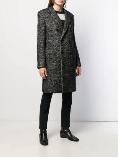 Saint Laurent Herringbone Double-breasted Coat In Black