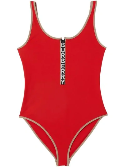 Shop Burberry Logo Detail Zip-front Swimsuit In Red