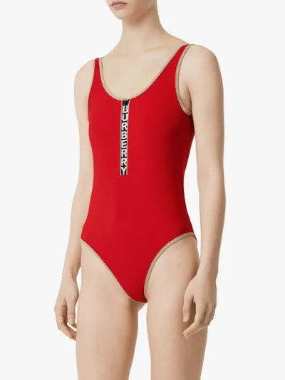Shop Burberry Logo Detail Zip-front Swimsuit In Red