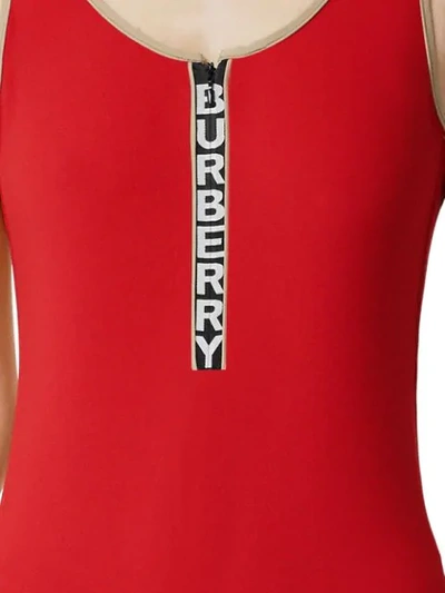 BURBERRY LOGO细节拉链连体泳衣 - 红色
