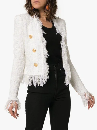 Shop Balmain Tweed Shredded Hem Gold-tone Button Jacket In White