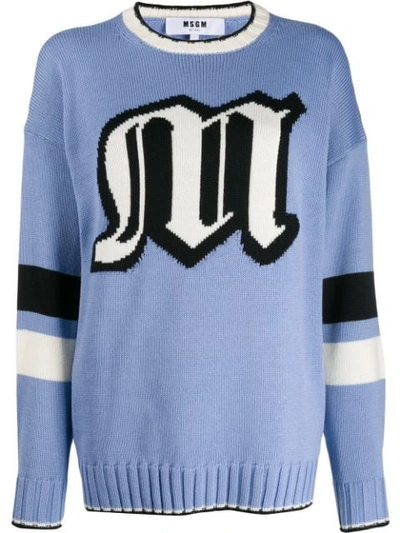 Shop Msgm Oversized Logo Knitted Sweater In Blue