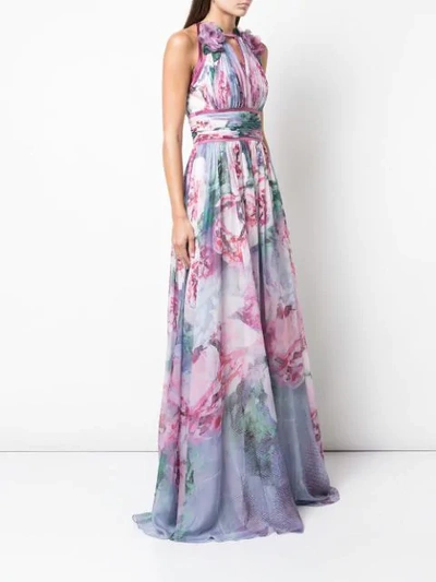 Shop Marchesa Notte Floral Printed Chiffon Gown In Purple