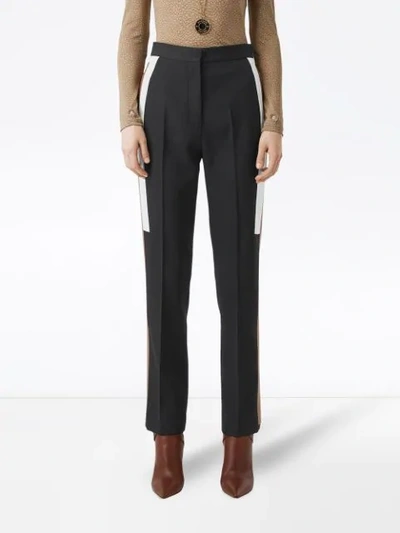 Shop Burberry Stripe Detail Wool Tailored Trousers In Black