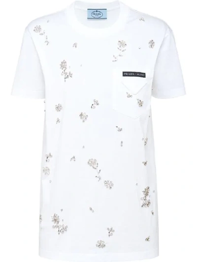 Shop Prada Floral Embellished T-shirt In White