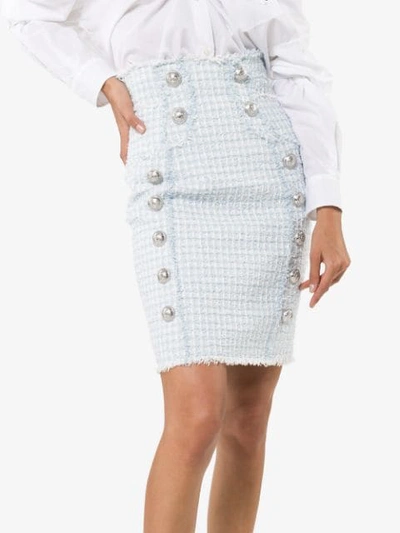 Shop Balmain Buttoned Tweed Pencil Skirt In Sas Blue