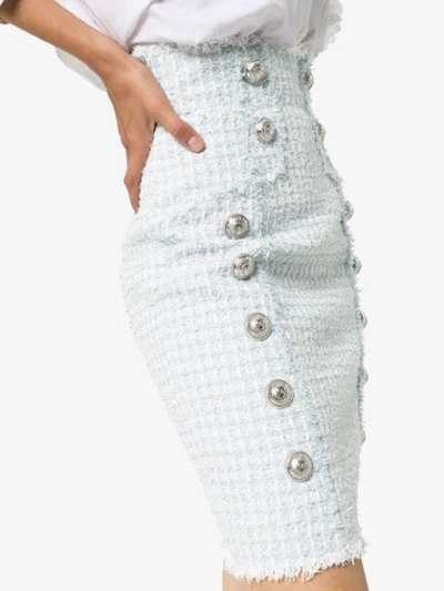 Shop Balmain Buttoned Tweed Pencil Skirt In Sas Blue