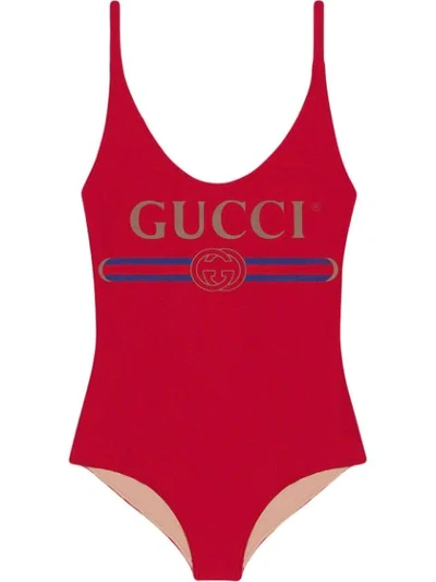 Shop Gucci Sparkling Swimsuit With  Logo In Red