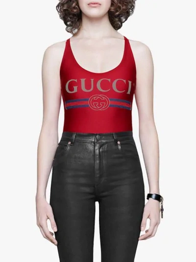 Shop Gucci Sparkling Swimsuit With  Logo In Red