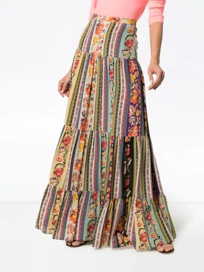 Shop Etro Rose Print Tiered Silk Maxi Skirt In Brown