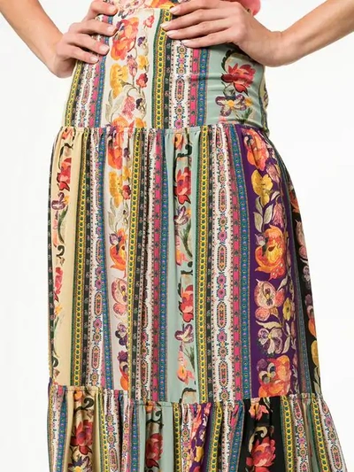 Shop Etro Rose Print Tiered Silk Maxi Skirt In Brown