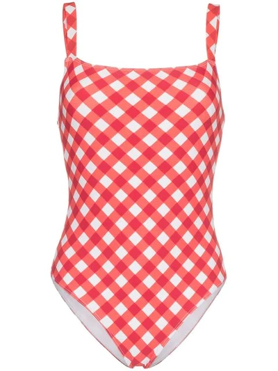 Shop Reformation 'eliza' Checked One Piece Swimsuit In Red