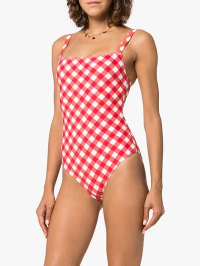 Shop Reformation 'eliza' Checked One Piece Swimsuit In Red