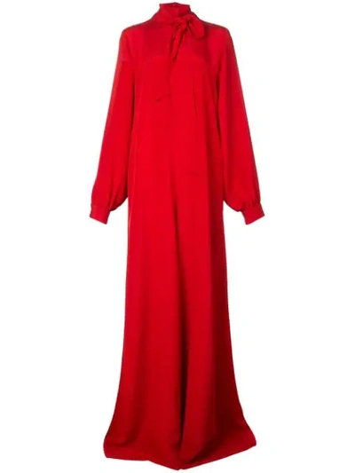 Shop Adam Lippes Tie Neck Flared Gown In Red