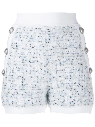 Shop Balmain Buttoned Tweed Short Shorts In White