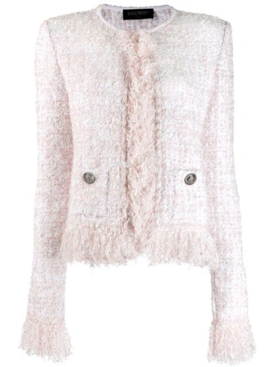 Shop Balmain Boucle Knit Jacket In Gby Bianco