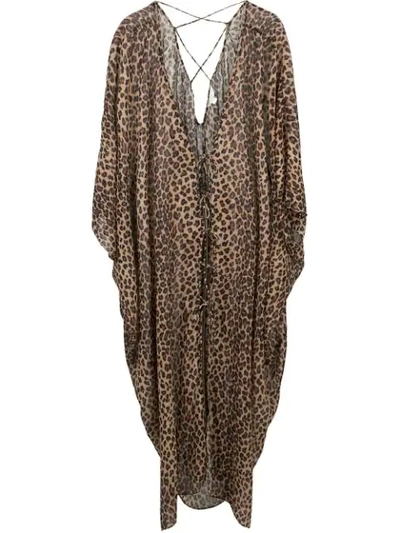 JONATHAN SIMKHAI LEOPARD PRINT TIE FRONT ROBE - 棕色