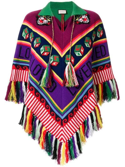 Shop Gucci Tasseled Chunky Knit Poncho In Multicolour