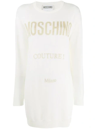 Shop Moschino Logo Printed Knit Dress In White