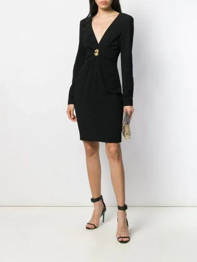 Shop Moschino Fitted V-neck Ruched Detail Dress In Black