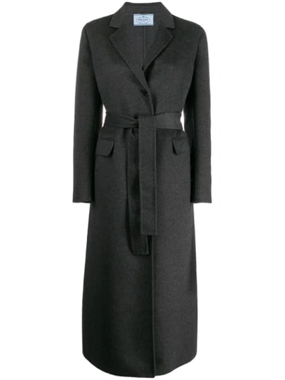 PRADA BELTED BUTTON-FRONT COAT - 灰色