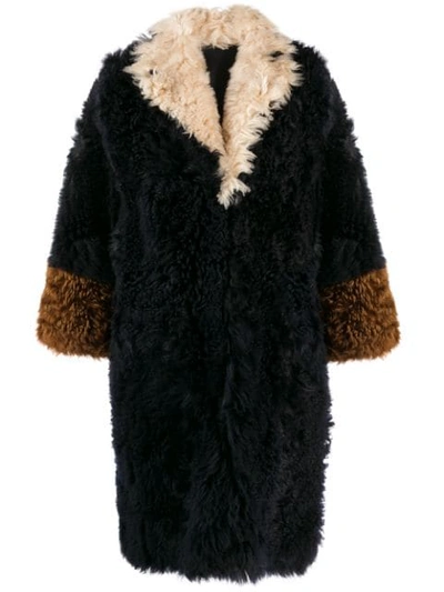 Shop Marni Colour Block Fur Coat In Y5745 Navy/tobacco