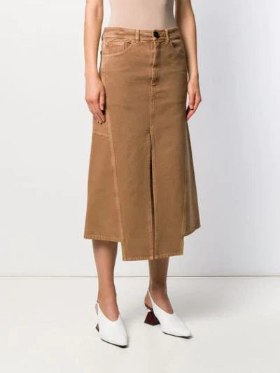 Shop Lanvin Slit Midi Denim Skirt In Brown