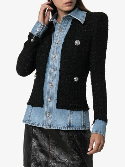 Shop Balmain Tweed Denim Jacket In Black